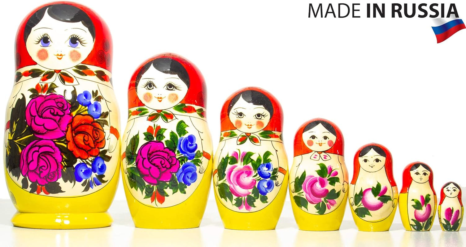 MSNOR Russian Nesting Doll - Semenovo - Hand Painted in Russia - Traditional Matryoshka Babushka (9.5``(7 Dolls in 1) Red-Yellow)