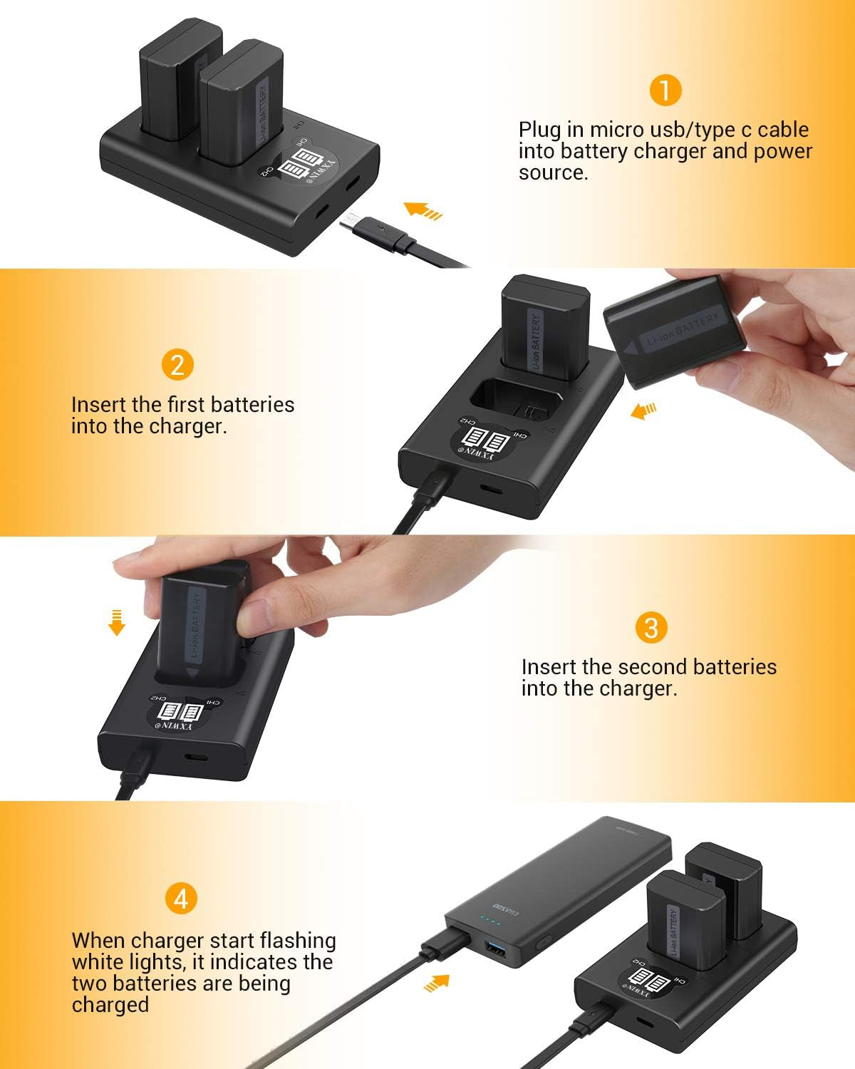 NP-FW50  Camera Battery Charger Set and Batteries for Sony A6000, A6500, A6300, A7, A7II, A7RII, A7SII, A7S, A7S2, A7R, A7R2, A5100, RX10 Accessories (2-Pack, USB C & Micro USB Ports, 1200Mah)