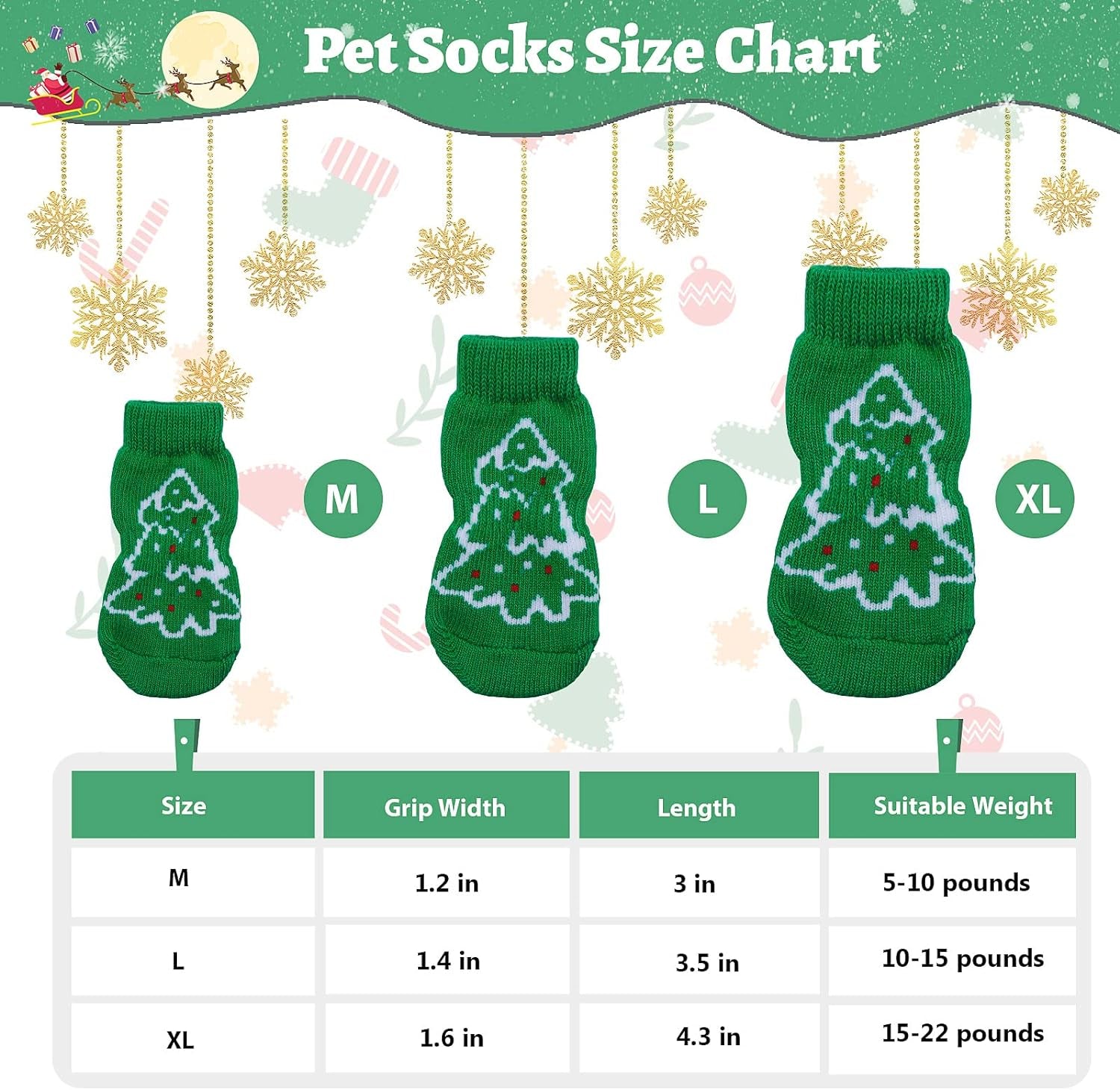 Dog Christmas Costume, Cat Christmas Outfit, Pet Christmas Costumes with Dog Bandanas Anti-Slip Dog Socks Reindeer Cat Hats for Small Medium Pets (Green, XL)