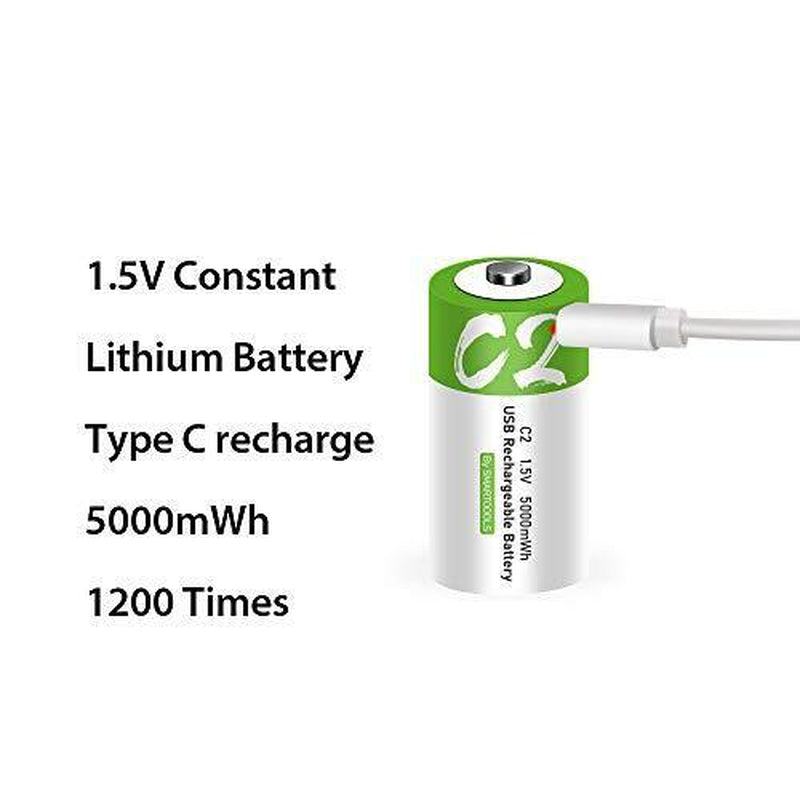 Rechargeable C Batteries 1.5V 5000Mwh USB Lithium Ion - Fast Charge 1200 Cycles