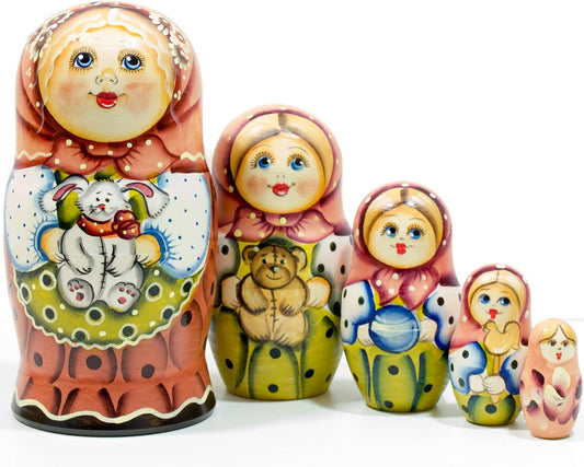 Russian Nesting Doll - Masha - Hand Painted in Russia - 6 Style Variations - Traditional Matryoshka Babushka C (6.75``(5 Dolls in 1), Style E)