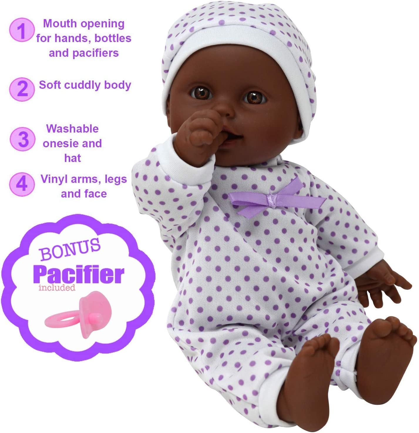 11 Inch Soft Body African American Newborn Baby Doll in Gift Box - Doll Pacifier Included