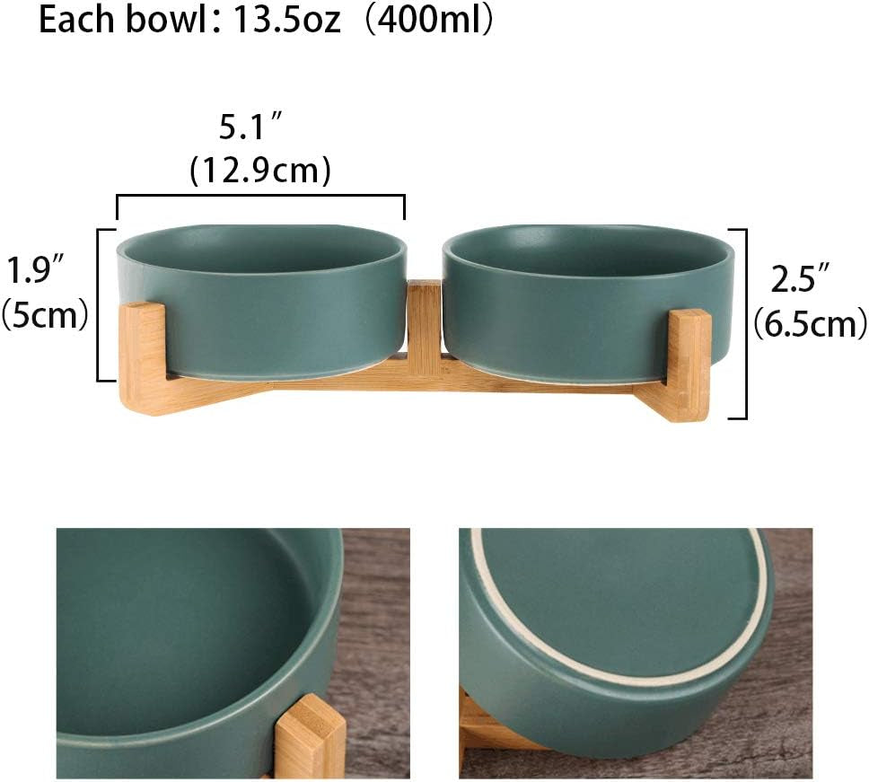 Green Ceramic Cat Dog Bowl Dish with Wood Stand No Spill Pet Food Water Feeder Cats Small Dogs Set of 2