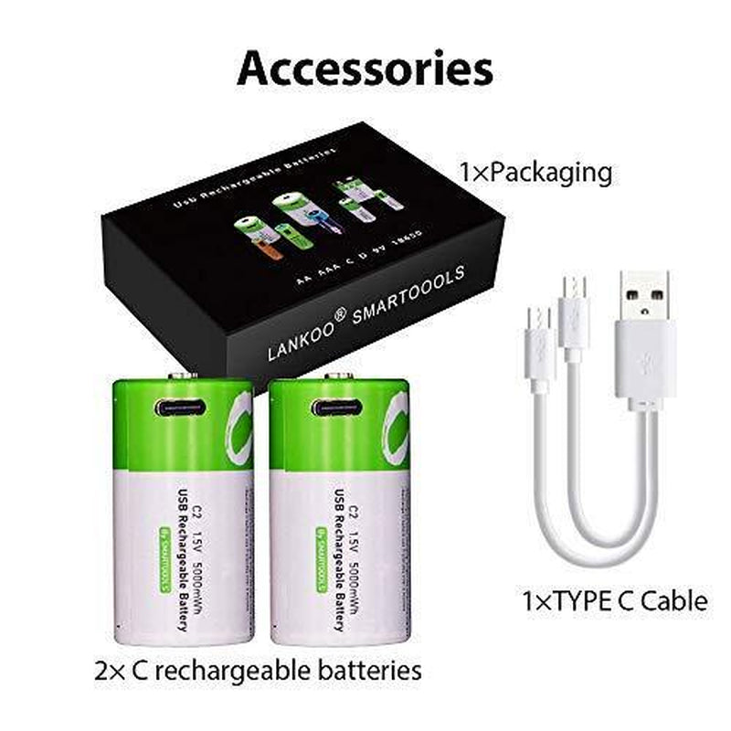 Rechargeable C Batteries 1.5V 5000Mwh USB Lithium Ion - Fast Charge 1200 Cycles