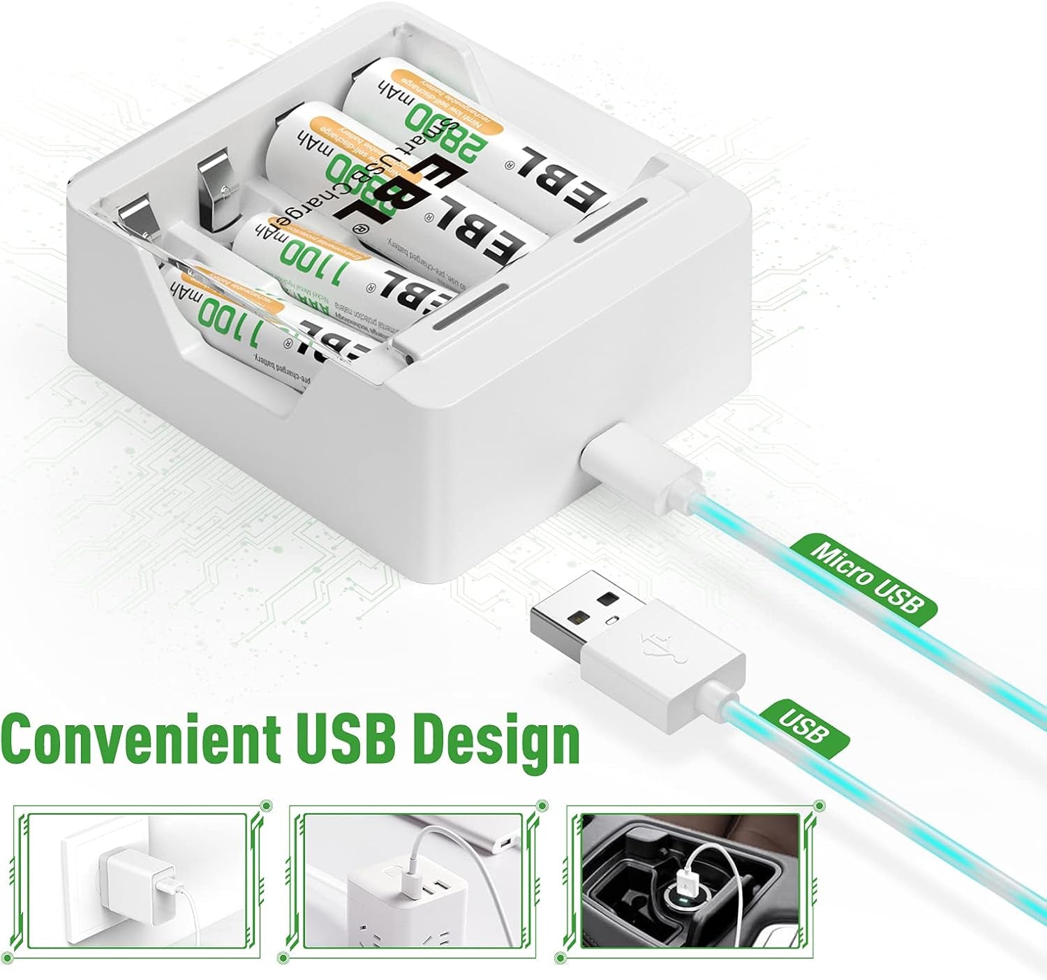 Quick AA AAA Battery Charger with 1A USB Input Port for Ni-Mh Ni-Cd Rechargeable Batteries