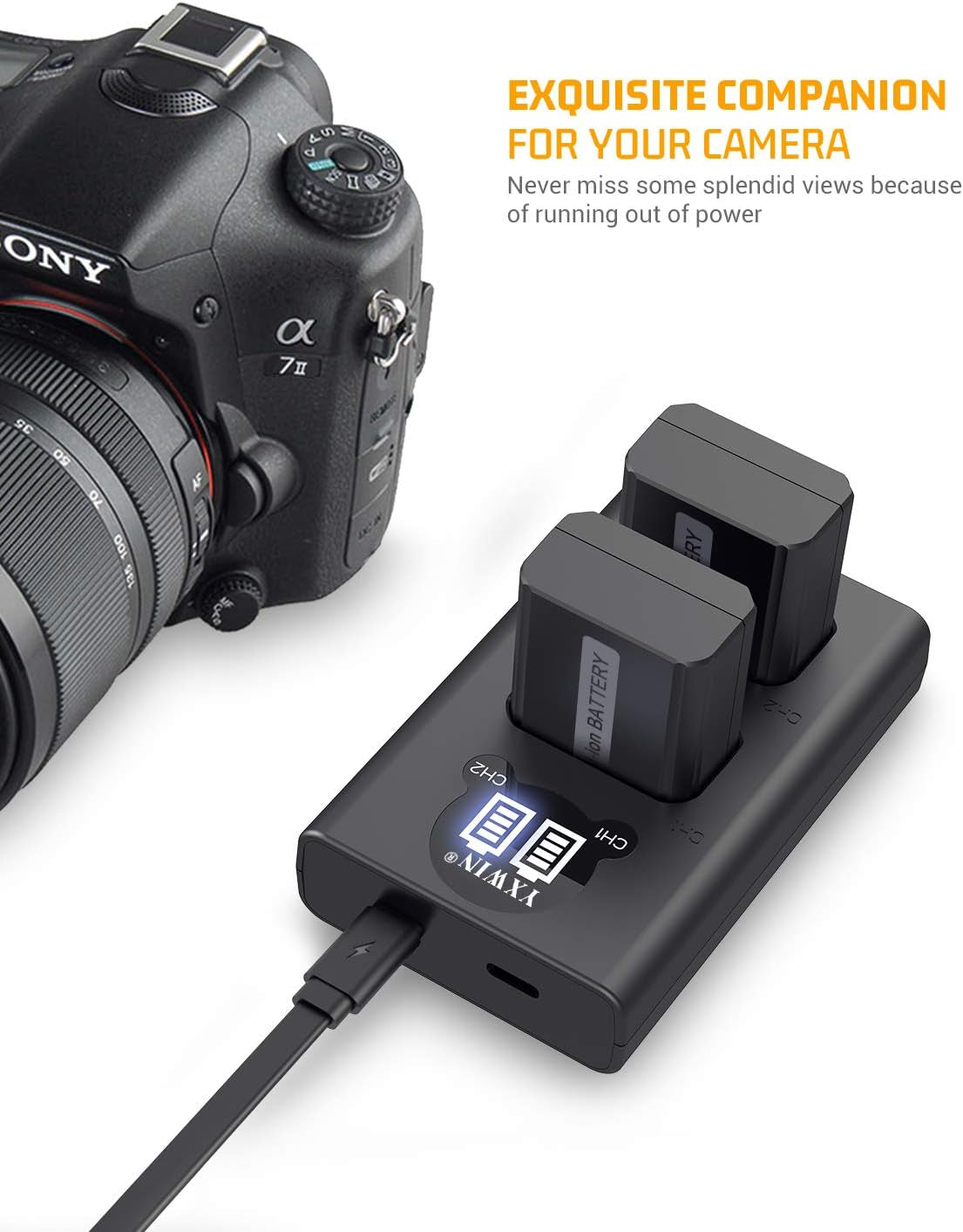 NP-FW50  Camera Battery Charger Set and Batteries for Sony A6000, A6500, A6300, A7, A7II, A7RII, A7SII, A7S, A7S2, A7R, A7R2, A5100, RX10 Accessories (2-Pack, USB C & Micro USB Ports, 1200Mah)