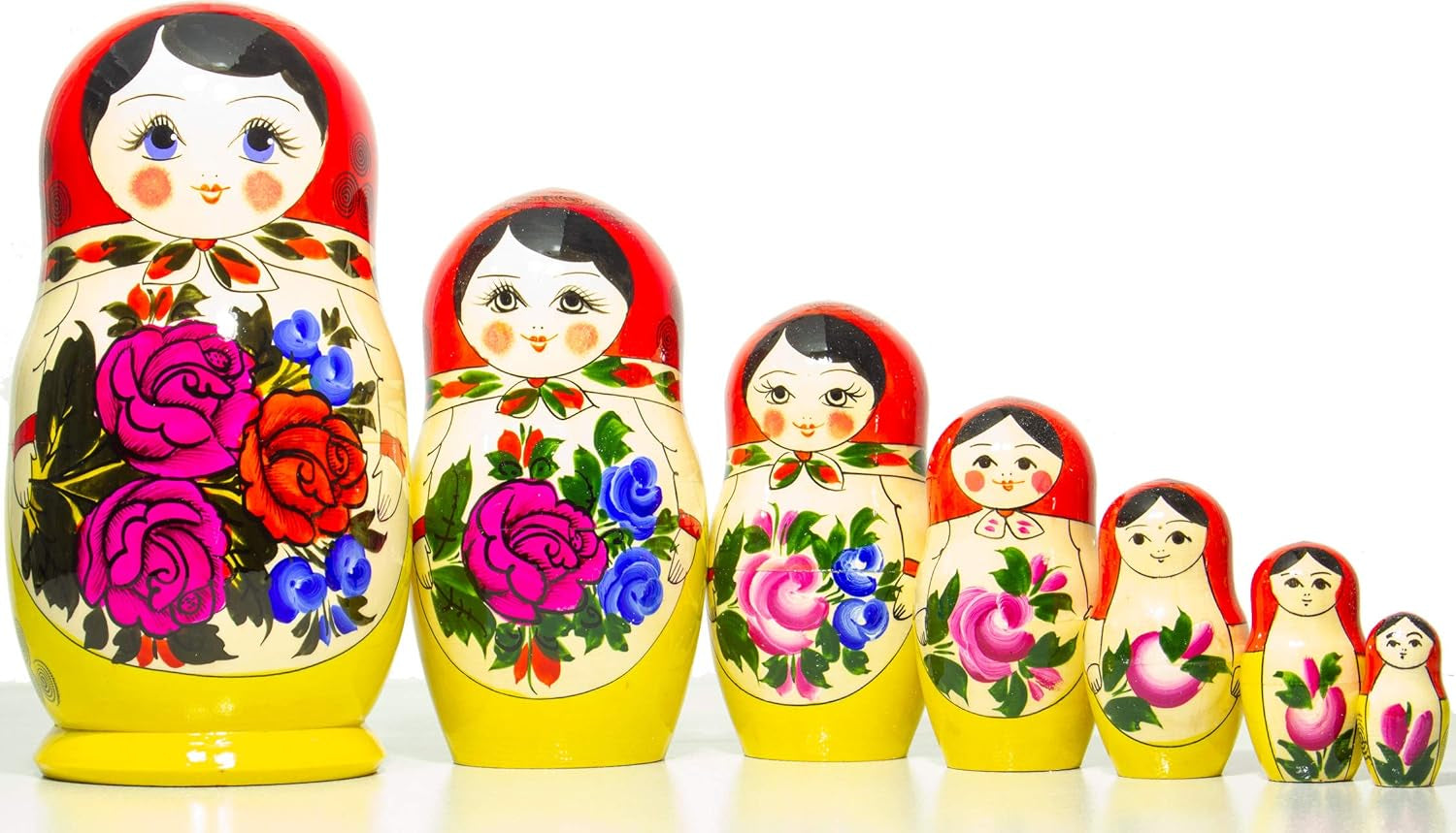 MSNOR Russian Nesting Doll - Semenovo - Hand Painted in Russia - Traditional Matryoshka Babushka (9.5``(7 Dolls in 1) Red-Yellow)