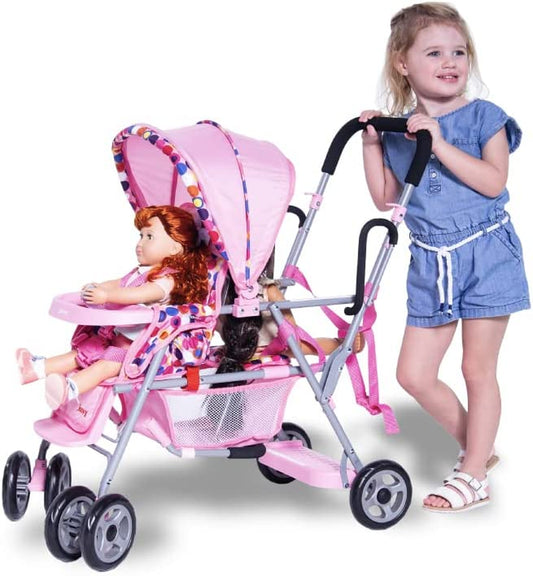 Toy Caboose Baby Doll Stroller Featuring Reclining Front Seat, Adjustable Footrest, Storage Basket, Extendable Canopy, and Snack Tray - Holds 3 Dolls (Pink Dot)