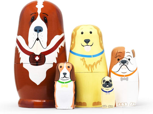 Nesting Dolls Russian Matryoshka Dolls Wooden Animal Bear Cute Christmas Toys Handmade Gifts Set of 5 for Kids (07 Dog)