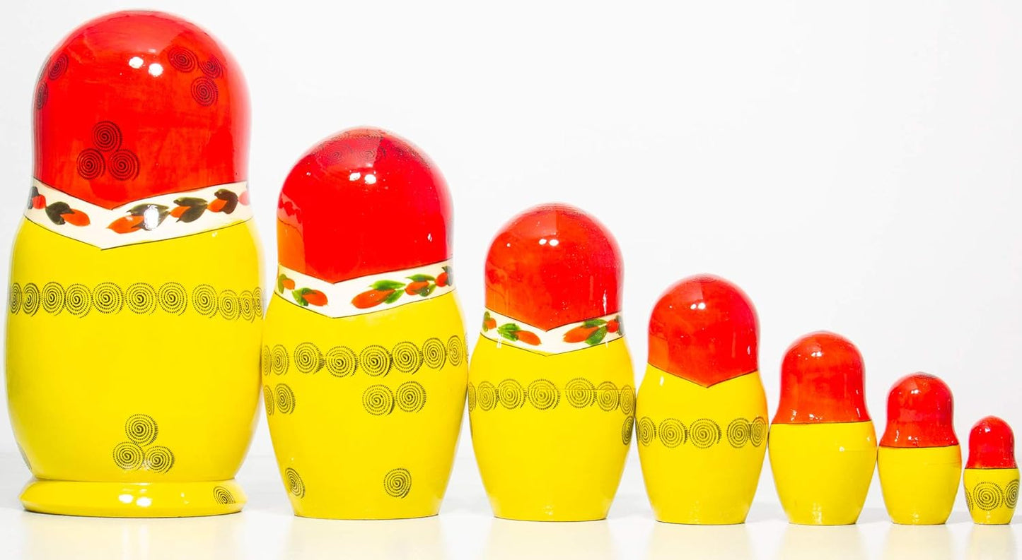 MSNOR Russian Nesting Doll - Semenovo - Hand Painted in Russia - Traditional Matryoshka Babushka (9.5``(7 Dolls in 1) Red-Yellow)