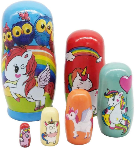 Unicorn Nesting Dolls for Boys Girls Owl Animal Theme Nesting Dolls Hand Painted Figurines Wooden Stacking Dolls Halloween Xmas Gifts Birthday Party Supplies,Set of 6