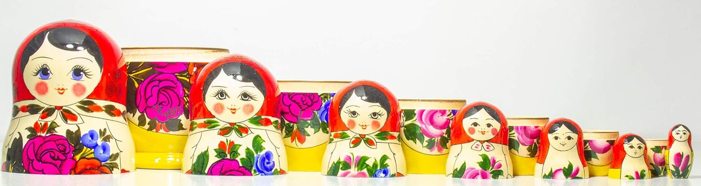 MSNOR Russian Nesting Doll - Semenovo - Hand Painted in Russia - Traditional Matryoshka Babushka (9.5``(7 Dolls in 1) Red-Yellow)