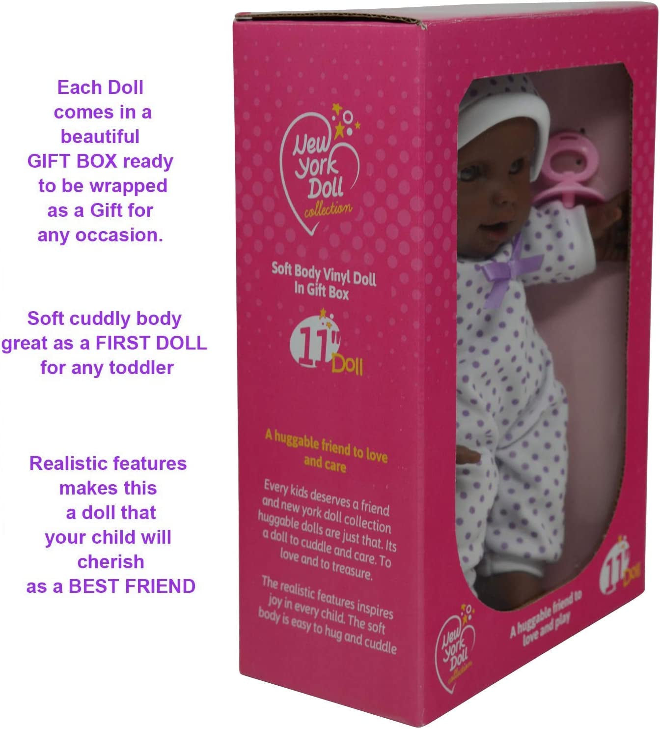 11 Inch Soft Body African American Newborn Baby Doll in Gift Box - Doll Pacifier Included