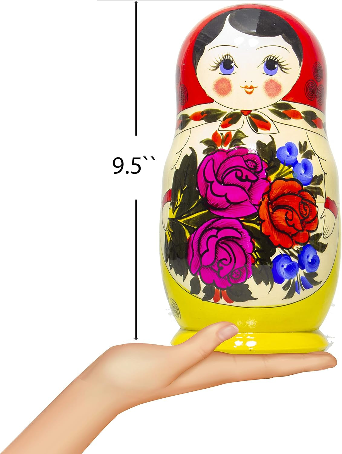 MSNOR Russian Nesting Doll - Semenovo - Hand Painted in Russia - Traditional Matryoshka Babushka (9.5``(7 Dolls in 1) Red-Yellow)