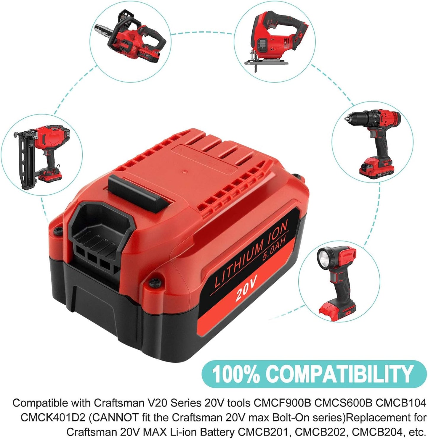 CMCB205 5.0Ah Battery Replacement for Craftsman V20 MAX Lithium Ion Battery CMCB204 CMCB202 CMCB201 Fast Charger CMCB104 Cordless Power Tool