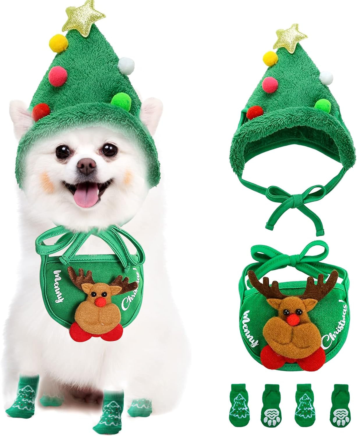 Dog Christmas Costume, Cat Christmas Outfit, Pet Christmas Costumes with Dog Bandanas Anti-Slip Dog Socks Reindeer Cat Hats for Small Medium Pets (Green, XL)