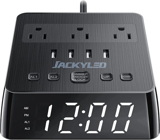 Digital Alarm Clock with USB Charger Ports 1700J Surge Protector Power Strip Outlets