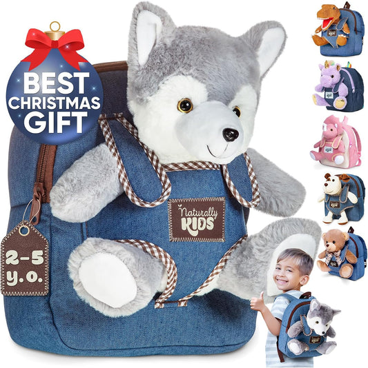 Wolf Backpack, Wolf Toys for Kids 3-5, Wolf Stuffed Animal, Toddler Husky Wolf Gifts for 2 3 4 5 Year Old Girl Boy