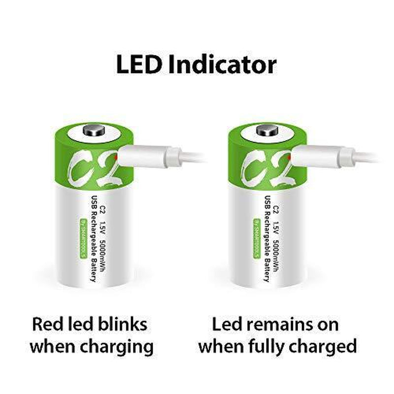 Rechargeable C Batteries 1.5V 5000Mwh USB Lithium Ion - Fast Charge 1200 Cycles