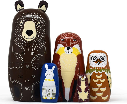 Russian Nesting Dolls Bear Wooden Matryoshka Dolls for Kids Handmade Cute Cartoon Animals Pattern Nesting Doll Toy Stacking Doll Set of 5