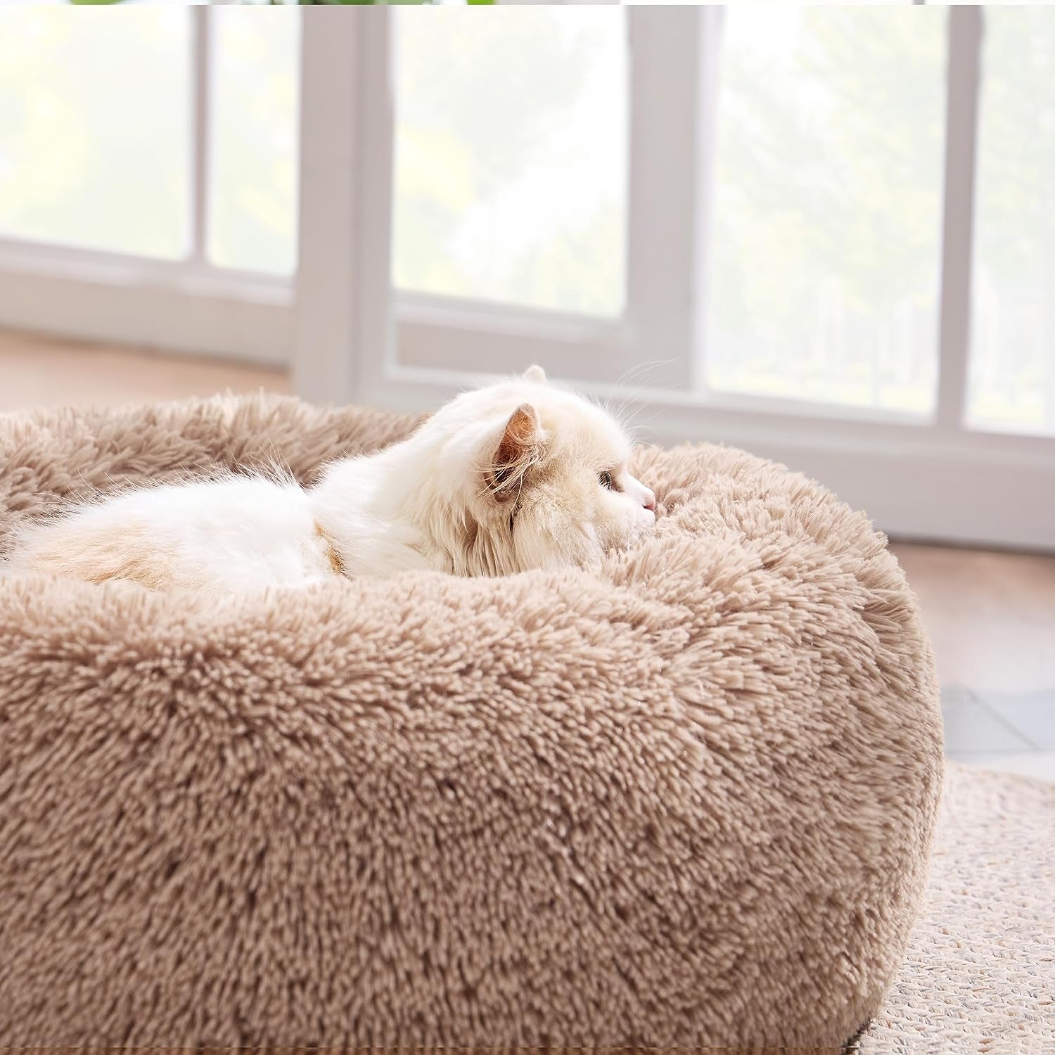 Calming Cat Beds for Indoor Cats - Small Cat Bed Washable 20 Inches, Anti-Slip round Fluffy Plush Faux Fur Pet Bed, Fits up to 15 Lbs Pets, Camel