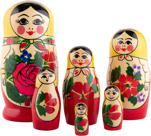 Semyonov Yellow Nesting Dolls | All Natural Wooden Matryoshka Doll Set of 6 (5 Inch) - Traditional Babushka Home Decor, Wooden Stacking Dolls, Vintage Handmade Shape