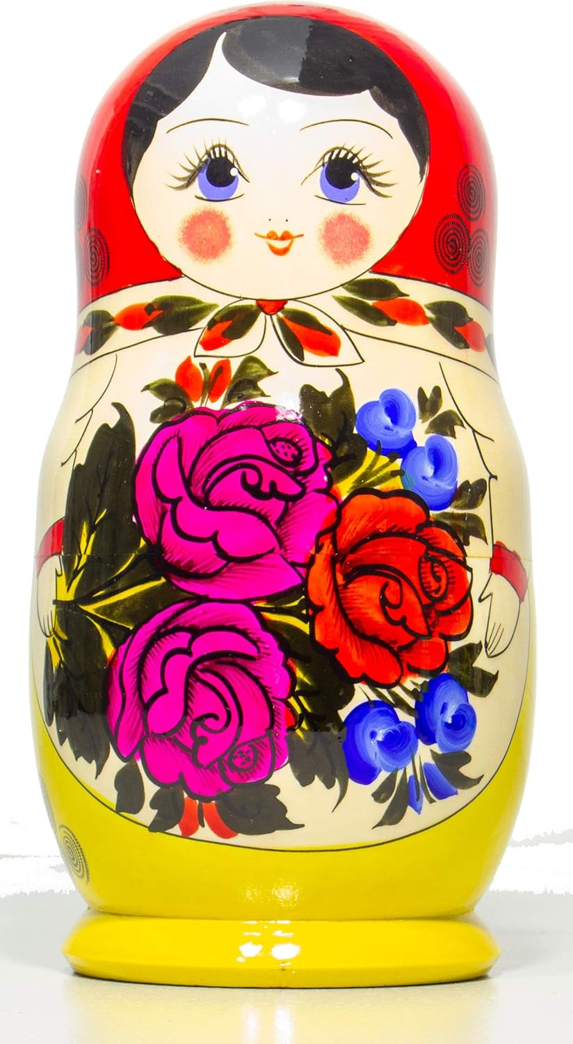 MSNOR Russian Nesting Doll - Semenovo - Hand Painted in Russia - Traditional Matryoshka Babushka (9.5``(7 Dolls in 1) Red-Yellow)