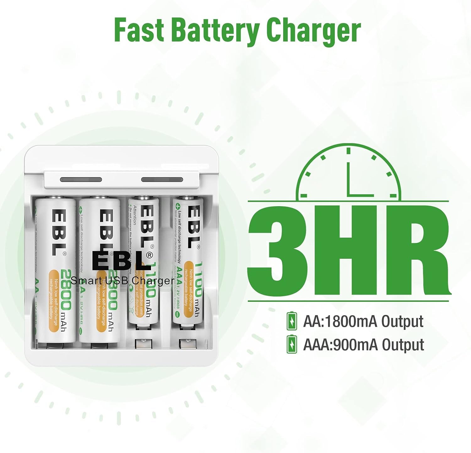 Quick AA AAA Battery Charger with 1A USB Input Port for Ni-Mh Ni-Cd Rechargeable Batteries