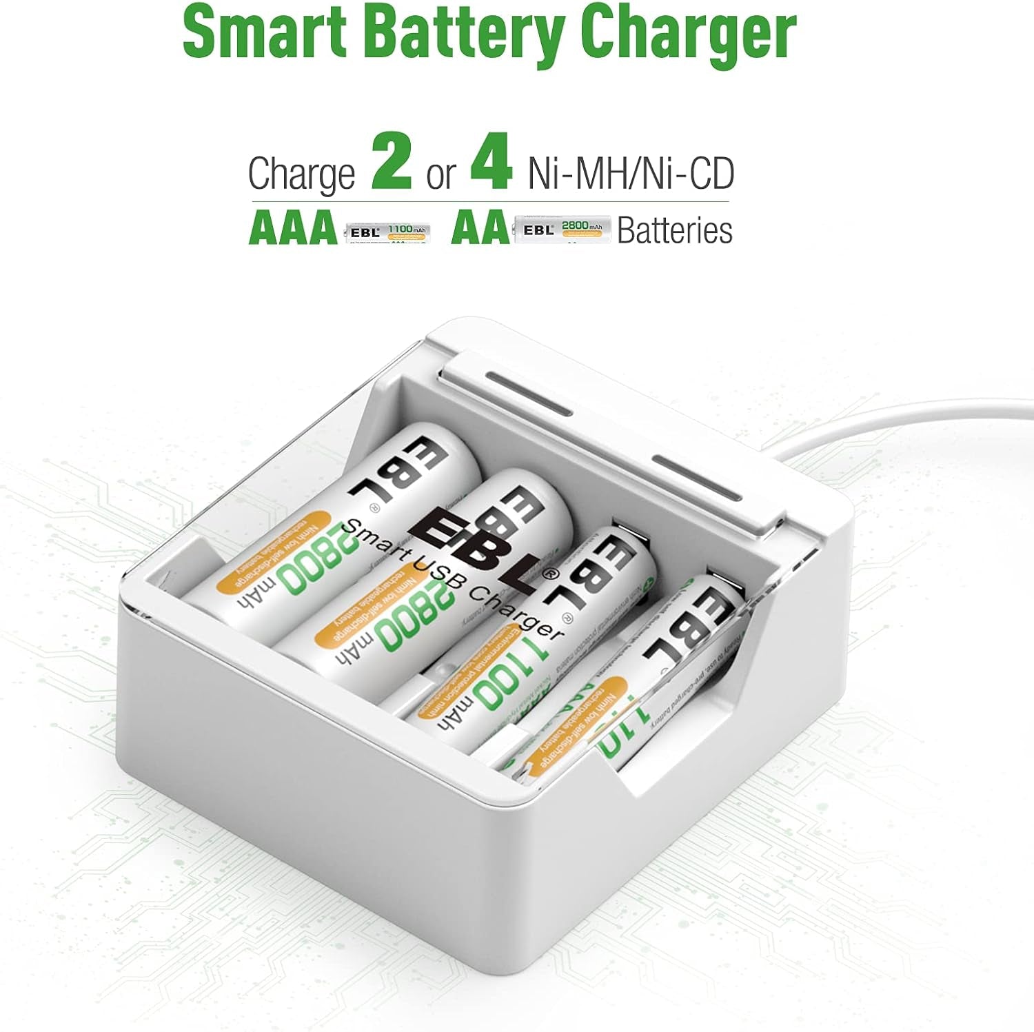 Quick AA AAA Battery Charger with 1A USB Input Port for Ni-Mh Ni-Cd Rechargeable Batteries