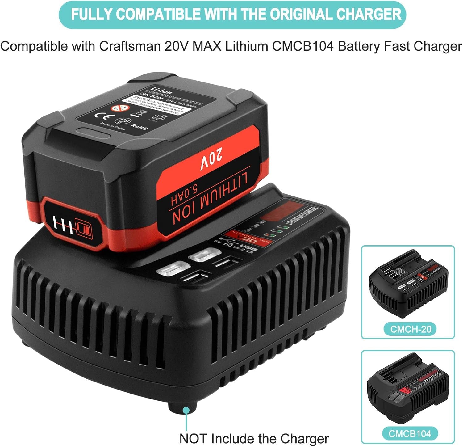 CMCB205 5.0Ah Battery Replacement for Craftsman V20 MAX Lithium Ion Battery CMCB204 CMCB202 CMCB201 Fast Charger CMCB104 Cordless Power Tool